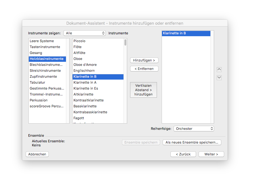Dialogbox Dokument-Assistent Instrumente hinzufügen oder entfernen